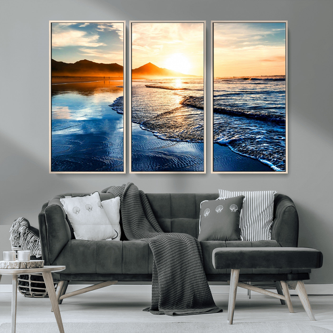 86173-MGV-CV-36X24-Golden Sunset Beach Wall Art – Reflective Ocean Canvas Print with Mountains and Waves, Coastal Nature Decor for Living Room,