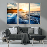 86173-MGV-CV-36X24-Golden Sunset Beach Wall Art – Reflective Ocean Canvas Print with Mountains and Waves, Coastal Nature Decor for Living Room,