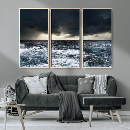 42607-MGV-FC-48X32-3P_Natural-Stormy Ocean Wall Art – Dramatic Sea and Sky Canvas Print with Sun Rays, Moody Nature Decor for Living Room, Office, Bedroom or
