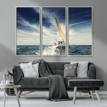75430-MGV-CV-36X24-Sailing Boat Wall Art – Dynamic Ocean Yacht Canvas Print, Nautical Decor for Living Room, Office, Beach House or Cabin