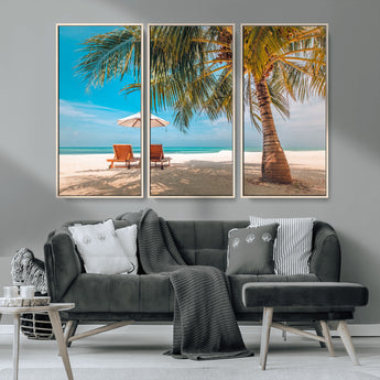 69754-MGV-CV-36X24-Tropical Beach Wall Art – Relaxing Palm Tree and Lounge Chairs Canvas Print, Serene Coastal Decor for Living Room, Bedroom, Office