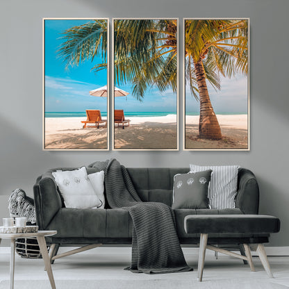 69754-MGV-CV-36X24-Tropical Beach Wall Art – Relaxing Palm Tree and Lounge Chairs Canvas Print, Serene Coastal Decor for Living Room, Bedroom, Office