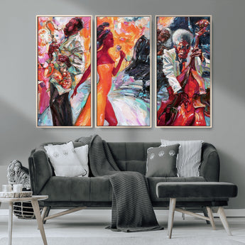 24452-MGV-CV-36X24-Vibrant Jazz Musician Painting - Expressive Art Print of Live Jazz Band, Perfect Wall Decor for Music Lovers and Art Enthusiasts