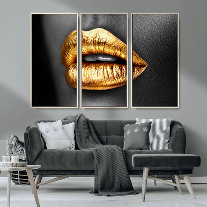 84747-MGV-CV-36X24-Golden Lips Black & White Portrait – Glamorous Metallic Lip Art Print, Modern Wall Decor for Bedroom, Beauty & Fashion Lover Gift