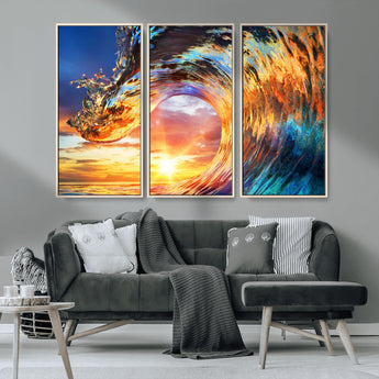 52890-MGV-CV-36X24-Surfing Wave Wall Art Canvas Print, Framed Sunset Ocean Art Picture Print, Ocean Wave Perfect Nautical Decor Artwork