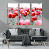 44554-MGV-CV-36X24-Vibrant red tulips stand out beautifully against a black-and-white background, making a striking decor piece perfect for any home