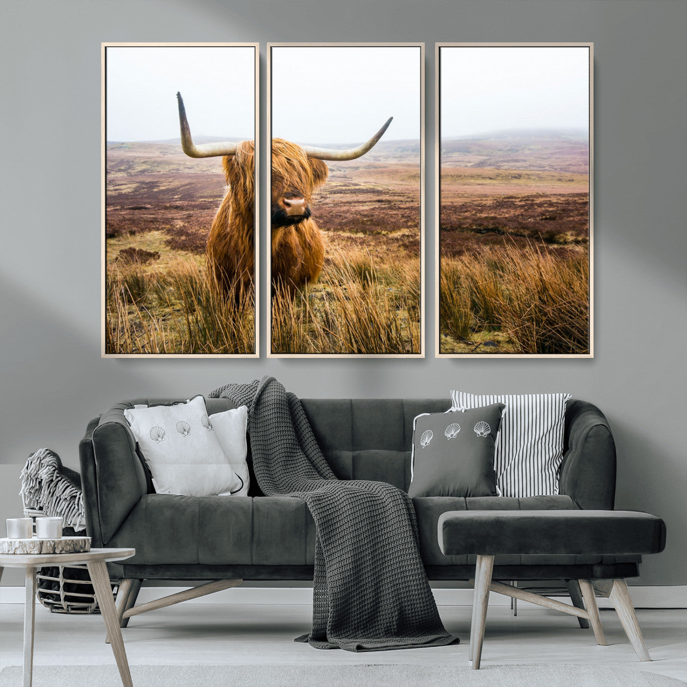 79391-MGV-CV-36X24-Majestic Highland Cow in Misty Scottish Moorland – Rustic Natural Charm, Perfect for Unique Home or Office Decor