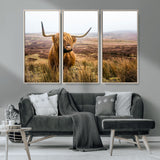 79391-MGV-CV-36X24-Majestic Highland Cow in Misty Scottish Moorland – Rustic Natural Charm, Perfect for Unique Home or Office Decor