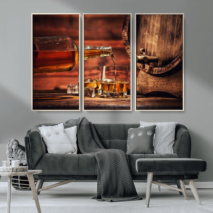 21266-MGV-CV-36X24-Pouring Whiskey into Glasses with Ice – Rustic Wooden Barrel Background, Warm Ambient Lighting, Ideal Decor for Home or Office