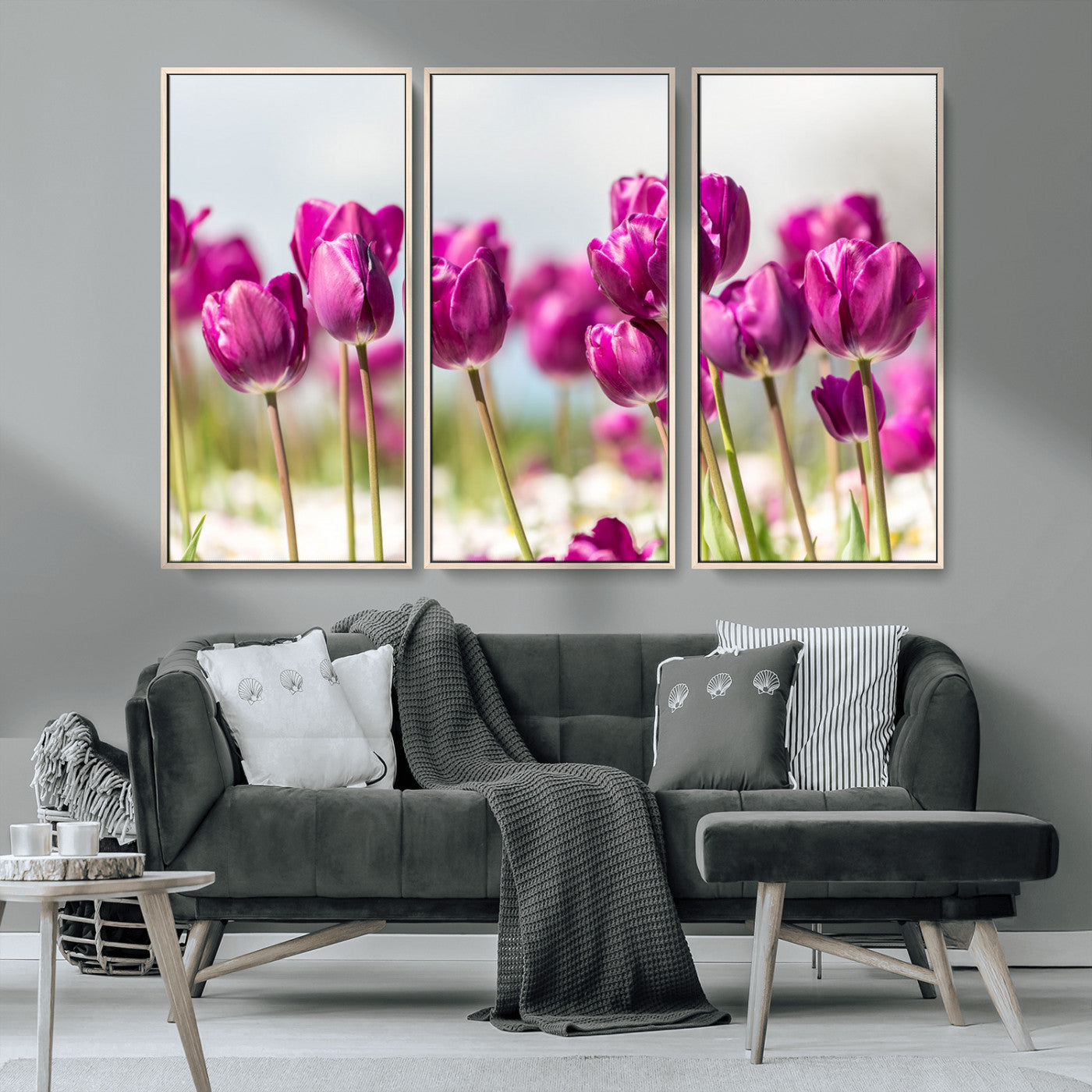 30632-MGV-CV-36X24-Purple Tulip Field Wall Art – Beautiful Spring Flowers Canvas Print with Soft Focus and Bright Sky, Ideal Floral Decor for Home or