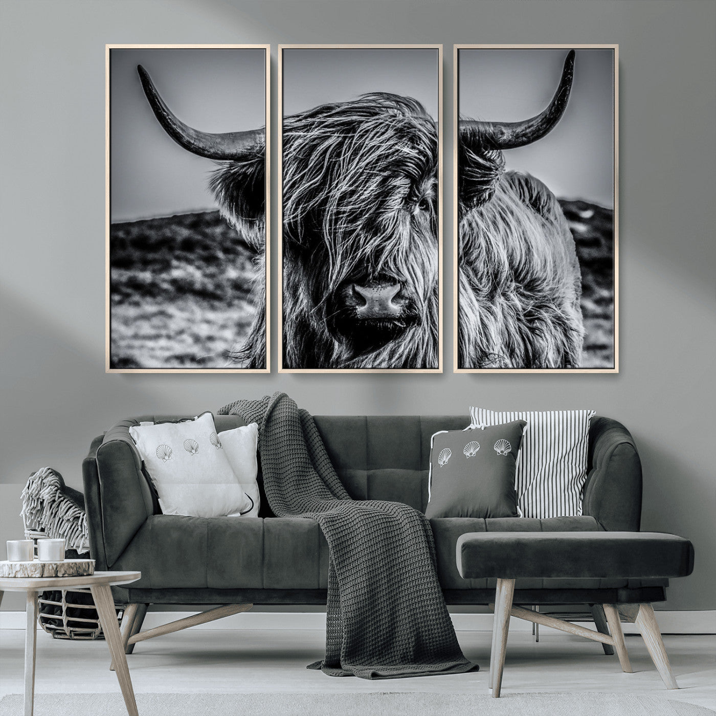 97372-MGV-CV-36X24-Elegant Highland Cow Wall Art – Black and White Canvas Print, Rustic Nature Decor for Home, Office, Living Room or Man Cave