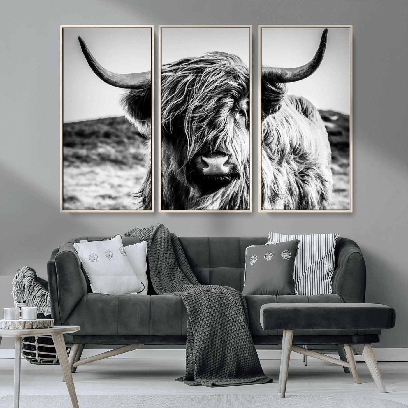 36979-MGV-CV-36X24-Striking black-and-white portrait of a Highland cow with flowing fur and majestic horns, perfect for rustic and elegant home or