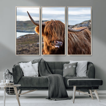 71222-MGV-CV-36X24-A playful Highland cow with shaggy fur sticks out its tongue, set against a rugged landscape — perfect for quirky home or office