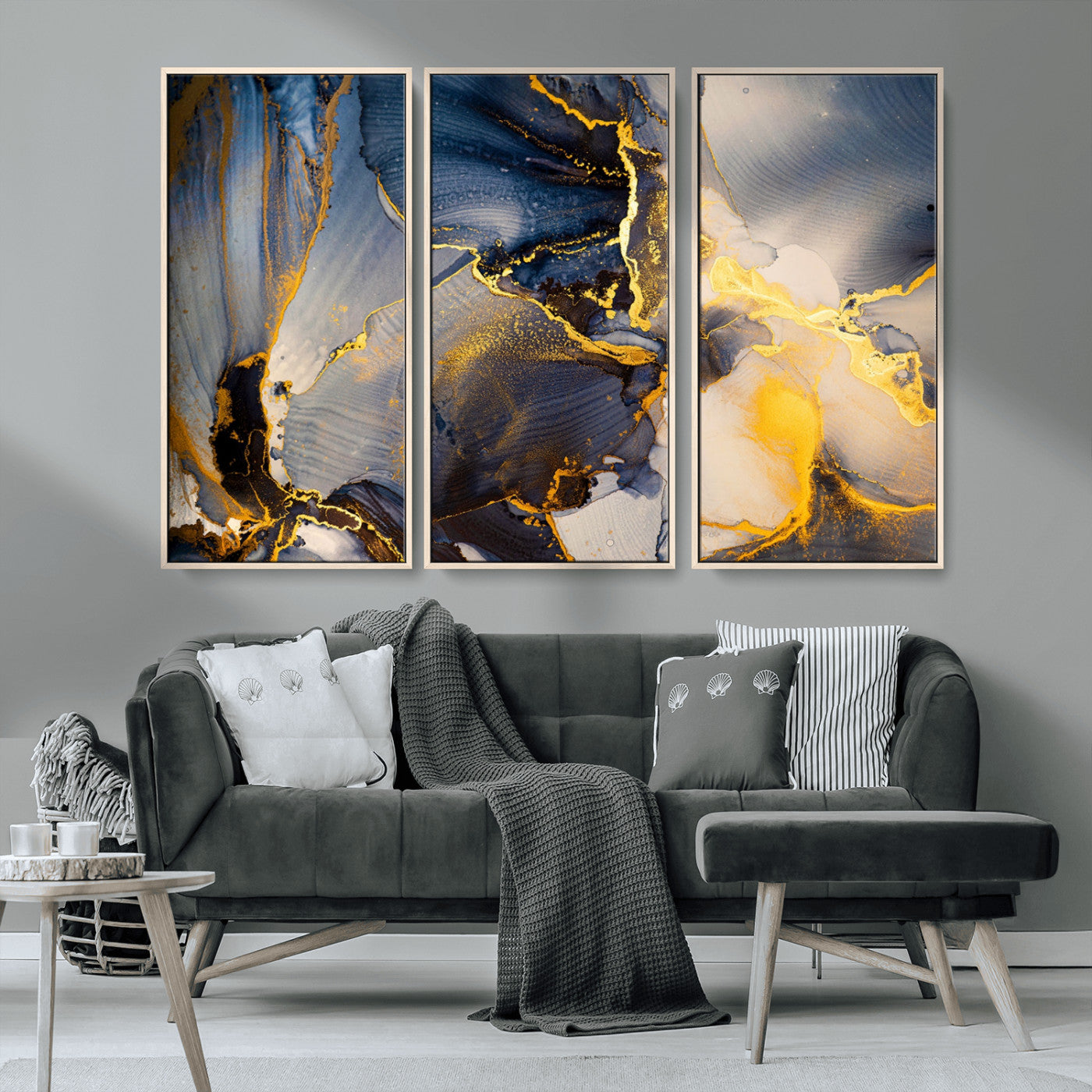 42100-MGV-FC-48X32-3P_Natural-Golden Flow Abstract Wall Art – Panoramic Modern Blue and Gold Canvas Print, Contemporary Artistic Decor for Home, Office
