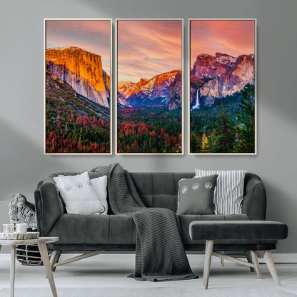24519-MGV-CV-36X24-Yosemite Valley Sunset Wall Art – Majestic Mountain Landscape with Waterfall and Vibrant Sky, Nature Photography for Home or