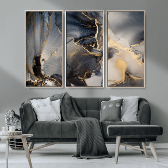 24068-MGV-CV-36X24-Luxury Abstract Wall Art – Gold & Gray Fluid Ink Painting Canvas, Modern Metallic Home Decor, Elegant Office or Living Room Accent