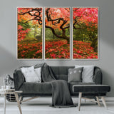 73343-MGV-FC-48X32-3P_Natural-Autumn Maple Wall Art – Panoramic Vibrant Red Maple Tree Canvas Print, Seasonal Nature Decor for Office, Living Room or Garden