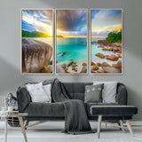 23769-MGV-CV-36X24-Tropical Beach Sunset Wall Art – Ocean Waves and Rocky Shore Canvas Print, Coastal Seascape Photography Decor