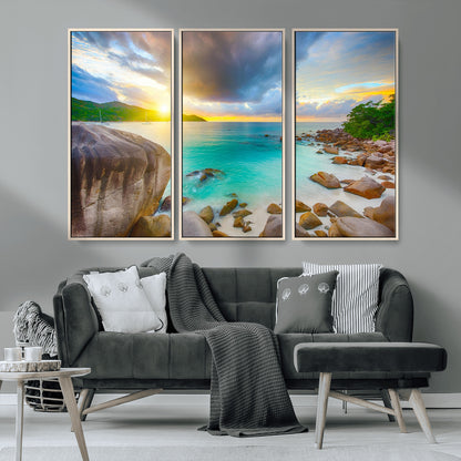 23769-MGV-CV-36X24-Tropical Beach Sunset Wall Art – Ocean Waves and Rocky Shore Canvas Print, Coastal Seascape Photography Decor