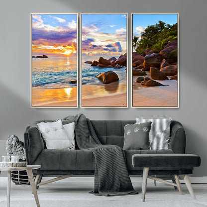 43209-MGV-CV-36X24-Tropical Beach Sunset Wall Art – Golden Ocean Waves and Palm Trees with Rocky Shore Canvas Print, Coastal Seascape Decor for