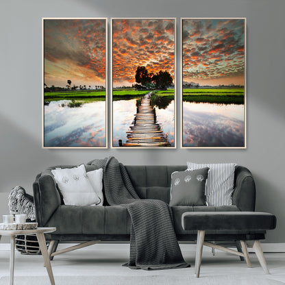 29105-MGV-FC-48X32-3P_Natural-Rustic Wooden Bridge Wall Art – Scenic Sunset Over Rice Fields and Reflective Water Canvas Print, Nature Landscape Decor for
