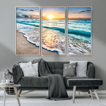 27815-MGV-CV-36X24-Ocean Sunrise Beach Wall Art – Serene Coastal Canvas Print with Waves and Golden Morning Light, Relaxing Seascape Decor for