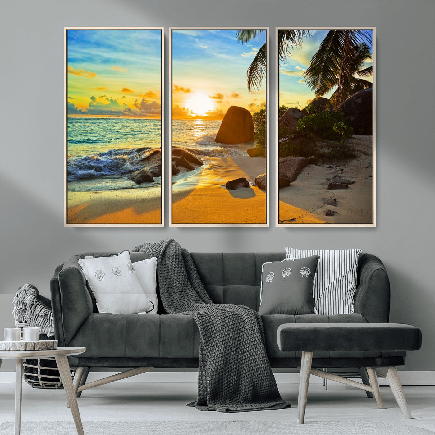 26181-MGV-CV-36X24-Golden Tropical Sunset Beach Wall Art – Ocean Canvas Print with Palm Trees and Rocks, Coastal Paradise Decor for Living Room or