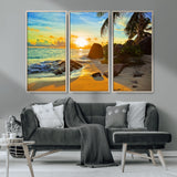 26181-MGV-CV-36X24-Golden Tropical Sunset Beach Wall Art – Ocean Canvas Print with Palm Trees and Rocks, Coastal Paradise Decor for Living Room or