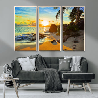26181-MGV-CV-36X24-Golden Tropical Sunset Beach Wall Art – Ocean Canvas Print with Palm Trees and Rocks, Coastal Paradise Decor for Living Room or