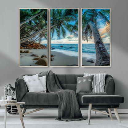 39679-MGV-CV-36X24-Tropical Palm Beach Wall Art – Serene Ocean Canvas Print with Palm Trees and Rocks, Coastal Paradise Decor for Living Room or
