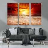 60211-MGV-FC-48X32-3P_Natural-Fiery Sunset Ocean Waves Canvas Print – Vibrant Red & Orange Coastal Wall Art, Dramatic Seascape Decor