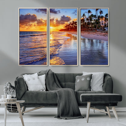 19917-MGV-CV-36X24-Tropical Sunset Beach Wall Art – Panoramic Palm Trees and Ocean Canvas Print, Vibrant Coastal Decor for Living Room, Office or Man