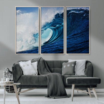 89502-MGV-CV-36X24-Powerful Ocean Wave Wall Art – Panoramic Blue Sea Wave Canvas Print, Coastal Surf Photography Artwork for Living Room, Bedroom, or
