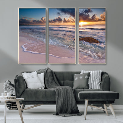 94906-MGV-CV-36X24-Sunrise Beach Wall Art – Panoramic Ocean Waves Canvas Print, Coastal Sunset Seascape Artwork for Living Room, Bedroom, or Office