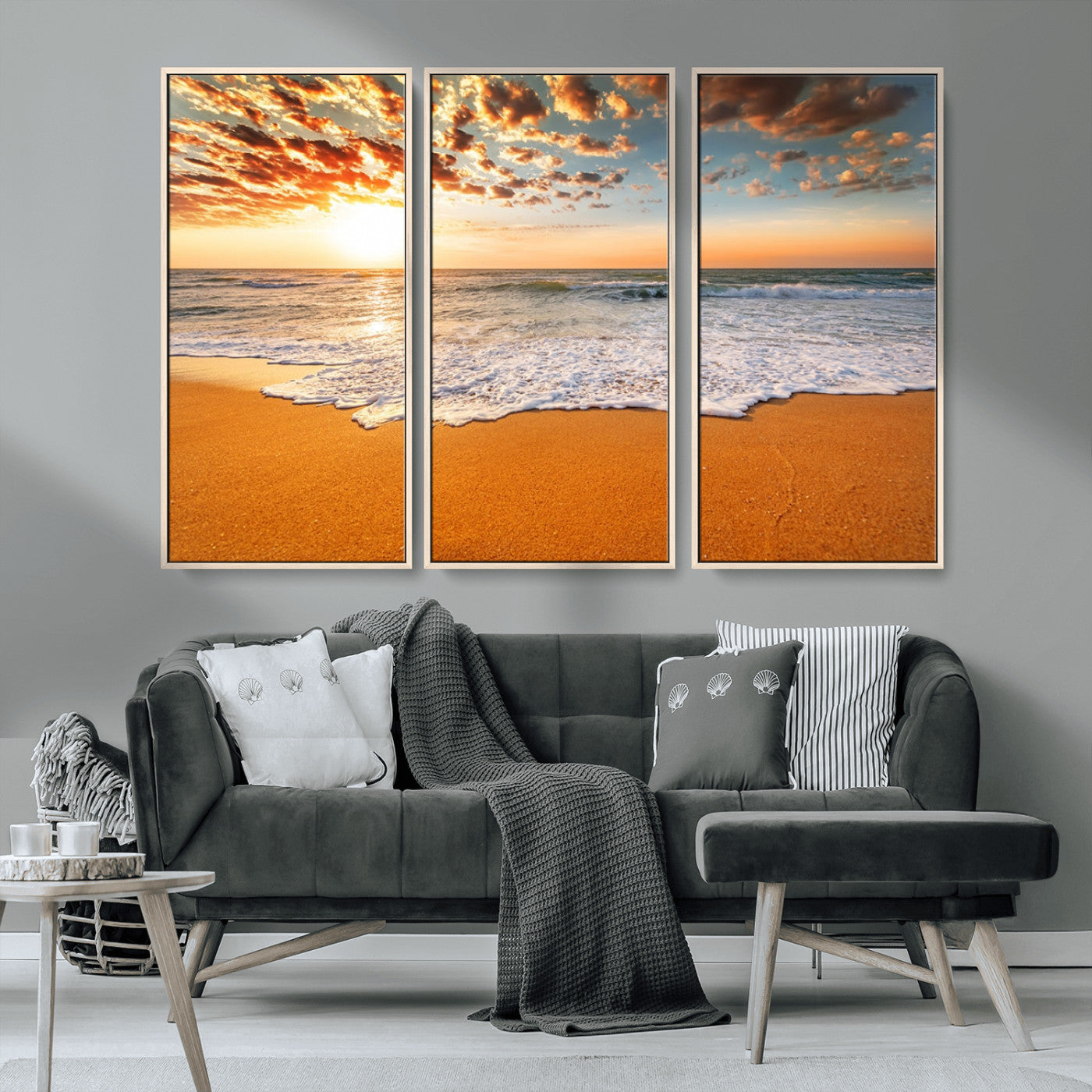 15399-MGV-CV-36X24-Golden Sunrise Beach Wall Art – Ocean Waves on Sandy Shore Canvas Print, Coastal Seascape Decor for Living Room or Bedroom