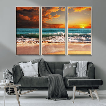 72948-MGV-CV-36X24-Ocean Sunset Wave Wall Art – Dramatic Seascape Canvas Print with Golden Sky and Crashing Waves, Coastal Beach Decor for Living