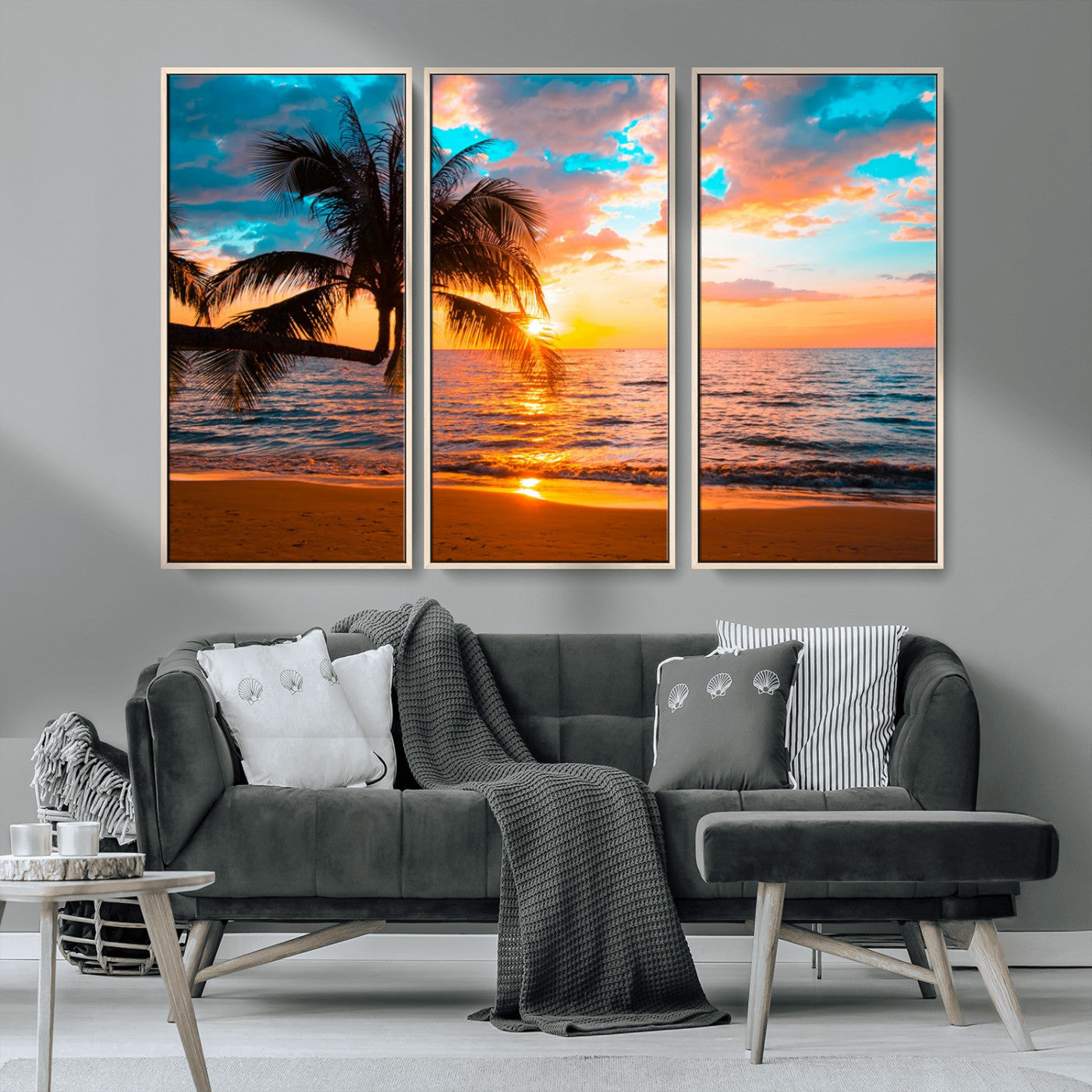 34674-MGV-CV-36X24-Tropical Sunset Beach Wall Art – Palm Tree Ocean Canvas Print, Coastal Seascape Decor for Living Room or Office Wall