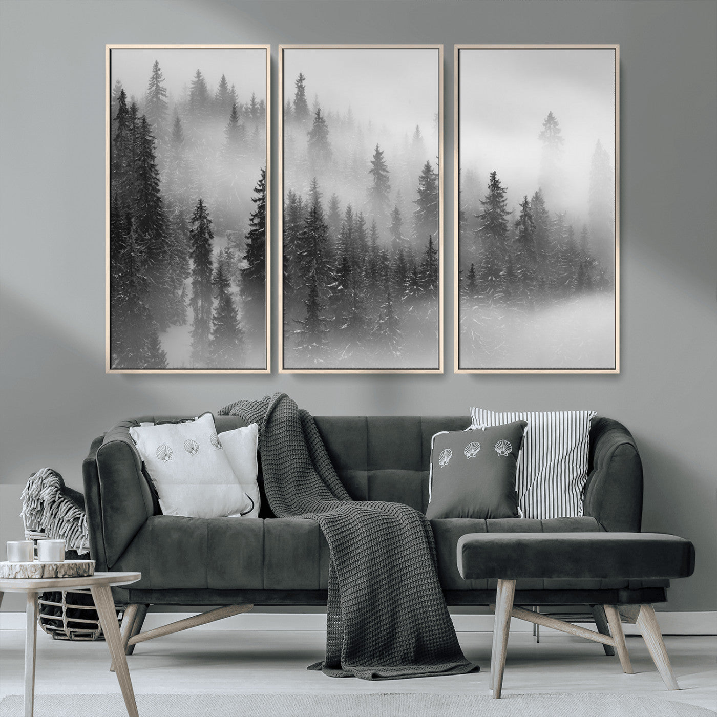 57235-MGV-CV-36X24-Misty Pine Forest Wall Art – Black and White Mountain Landscape Canvas Print, Nature Woodland Decor for Living Room, Bedroom or