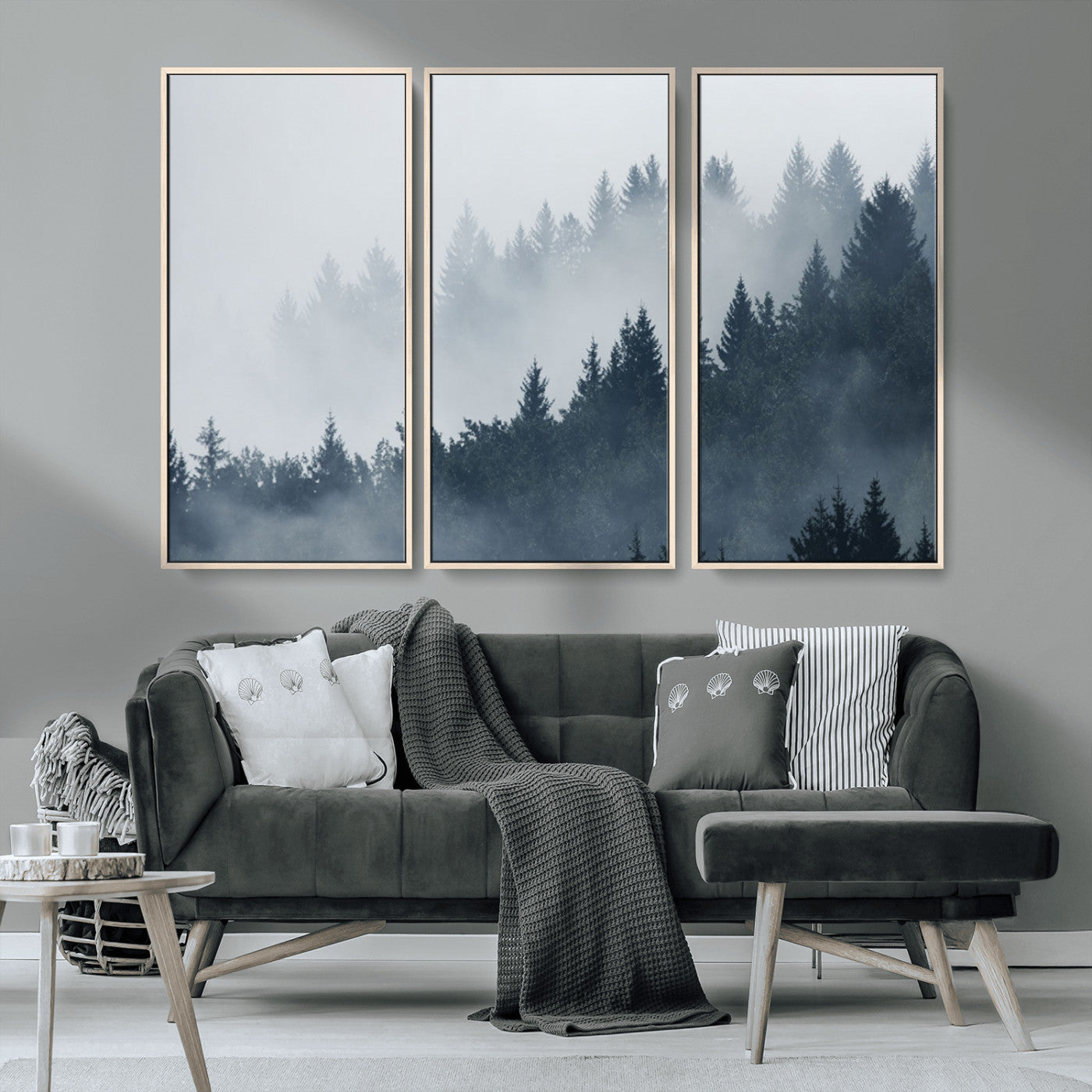 23671-MGV-FC-48X32-3P_Natural-Misty Forest Wall Art – Serene Foggy Pine Trees Landscape Canvas Print, Tranquil Nature Decor for Living Room, Bedroom or Office