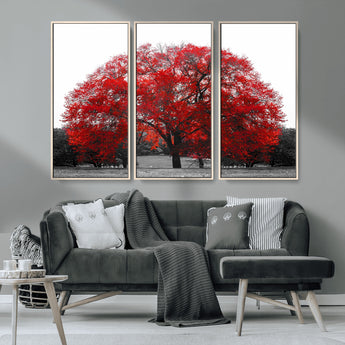 80021-MGV-CV-36X24-Red Tree Wall Art – Striking Black and White Landscape Canvas Print with Vibrant Red Leaves, Modern Nature Decor for Living Room