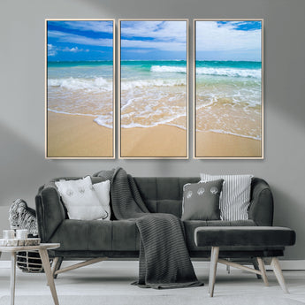 20660-MGV-CV-36X24-Ocean Wave Beach Wall Art – Serene Blue Sea and Sandy Shore Canvas Print, Coastal Landscape Photography Decor for Living Room or