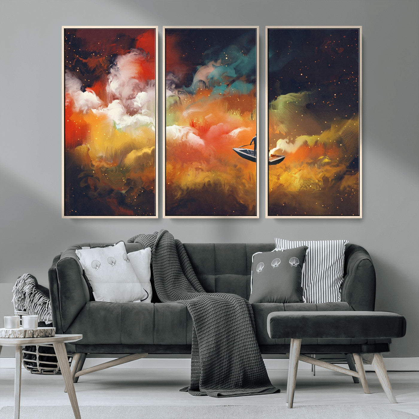 45085-MGV-CV-36X24-Surreal Cosmic Wall Art – Abstract Galaxy Dreamscape Canvas Print with Man and Dog in Boat, Fantasy Nebula Painting for Living