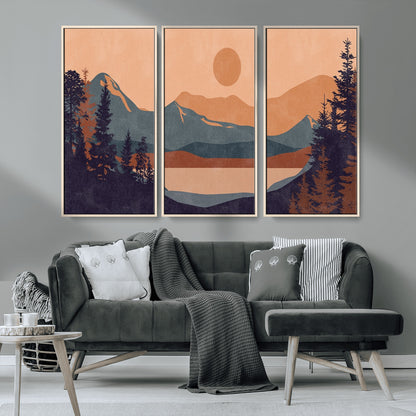 62795-MGV-CV-36X24-Minimalist Mountain Landscape Wall Art – Abstract Sunset Over Peaks and Pine Trees Canvas Print, Modern Nature Decor for Living