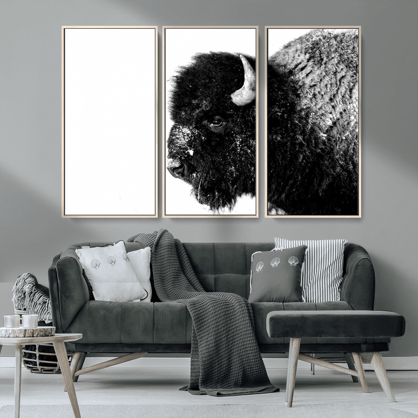 68780-MGV-FC-48X32-3P_Natural-Bison Close-Up Wall Art – Black and White Buffalo Canvas Print, Rustic Wildlife Photography Decor for Living Room, Office, or