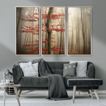 61855-MGV-CV-36X24-Misty Forest Wall Art – Red Tree with Autumn Leaves Canvas Print, Moody Woodland Nature Decor for Living Room, Bedroom, or Office