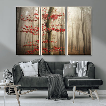 61855-MGV-CV-36X24-Misty Forest Wall Art – Red Tree with Autumn Leaves Canvas Print, Moody Woodland Nature Decor for Living Room, Bedroom, or Office