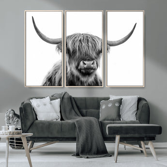 10123-MGV-CV-36X24-Black and White Highland Cow Wall Art – Modern Farmhouse Animal Print, Rustic Scottish Bull Canvas Decor for Living Room, Bedroom,