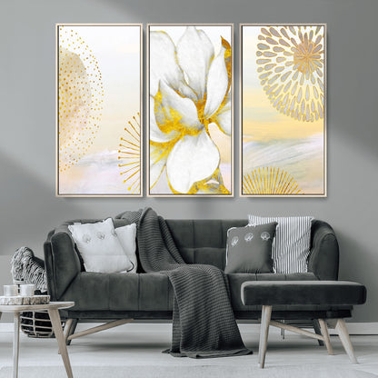82301-MGV-CV-36X24-Modern Floral Wall Art – White Flower with Gold Detailing Canvas Print, Elegant Abstract Artwork for Living Room, Bedroom, or