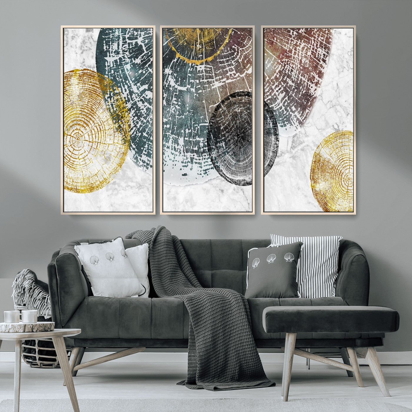 70653-MGV-CV-36X24-Abstract Tree Ring Wall Art – Modern Rustic Wood Slice Canvas Print with Gold Accents, Contemporary Nature Decor for Living Room,