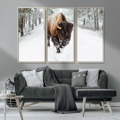 10109-MGV-CV-36X24-Majestic Bison Winter Wall Art – Snowy Forest Buffalo Canvas Print, Rustic Wildlife Photography Decor for Cabin, Lodge, Living